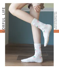 Cute Korean style cotton mid-tube socks with sweet peach and lovely cartoon animal print.