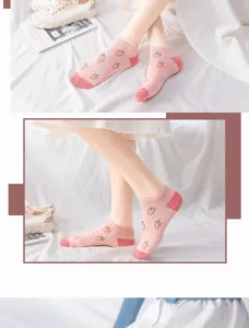 Carine calze basse rosa con stampa fragola per donna, dolce stile giapponese cotone.