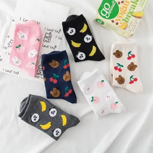 Cute cartoon print cotton mid-tube socks set, sweet fruit and animal design for women daily wear.