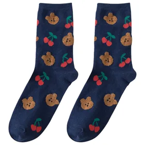 Cute cartoon bear and cherry patterned mid-calf cotton socks for women, daily casual wear.