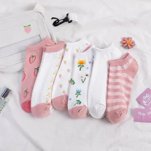 Calzini Fantasmini Giapponesi Carini in Cotone con Fragola da Donna Cuciture a Contrasto Righe Quadri Traspiranti Casual Morbidi Scuola Ragazze