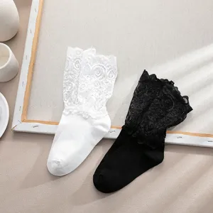Cute Lolita ruffled lace short socks for women, sweet Japanese style black and white socks.