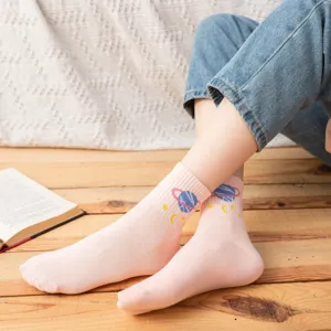 Cute cartoon planet pattern mid-tube women socks for daily wear and Japanese style outfits.