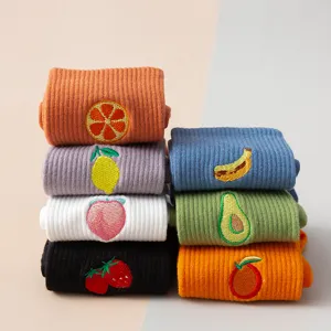 Chaussettes mi-mollet brodées de fruits mignons pour femmes, style coréen chaussettes décontractées