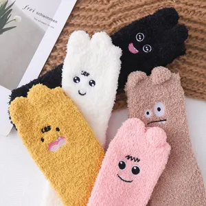 Cute fuzzy thick coral fleece socks with funny big eye monster design, warm winter sleep socks.