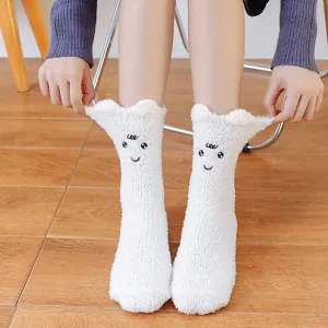 Fluffy fleece winter socks for women cute cartoon big eye thermal sleep floor socks white