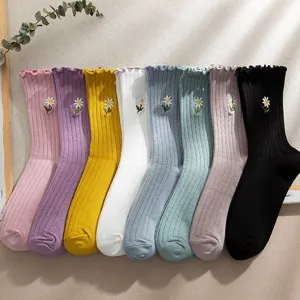 Japanischer Stil Baumwolle Bestickt Blume Socken Für Damen Süß Volantkante Rippstrick Wadenlang Socken Täglich Accessoire