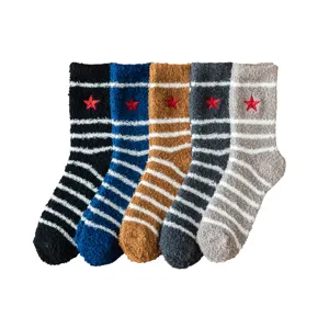 Men winter coral fleece fuzzy socks thick warm striped star design home indoor socks pair