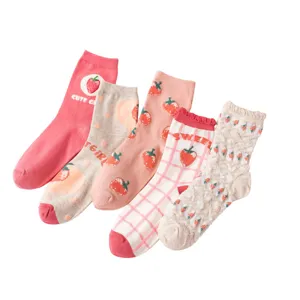 Cute strawberry print mid-calf socks set for women, sweet Japanese style cotton daily wear.