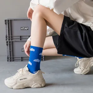 Blue cloud print cotton crew socks for women, trendy streetwear cute student sports hosiery.