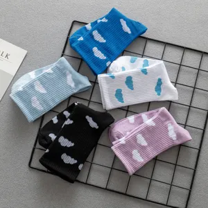 Cute cloud pattern mid-calf cotton socks for women and men, trendy casual couple hosiery.