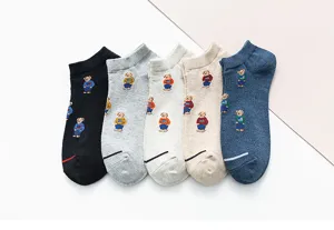 Cute cartoon bear ankle socks for men and women, comfortable cotton low cut casual socks set.