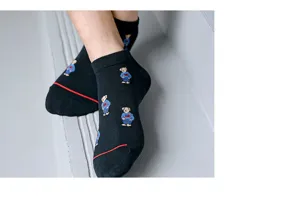 Unisex black cotton short socks featuring cute knitted bear patterns for daily wear and comfort.