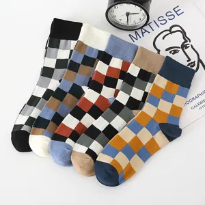 Chaussettes à Carreaux en Coton Style Britannique Rétro pour Hommes Casual Chic Multicolore Color Block Mi Chaussettes