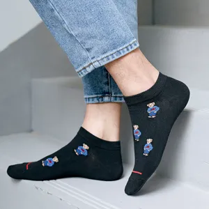 Cute cartoon bear cotton low cut socks for men and women, casual breathable short boat socks.