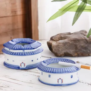 Posacenere in ceramica blu e bianco tradizionale, forma Hakka Tulou, decorazione da tavola, 2pz