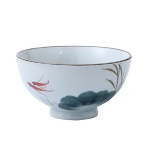 Bol à riz en céramique peint à la main lotus poisson rouge, vaisselle en porcelaine blanche.