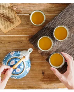 Hand-painted ceramic tea set detail shot showing teapot and cups on wooden tray and table.