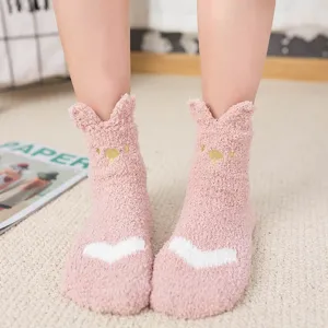 Calcetines de invierno suaves para mujer, forro polar de coral grueso con orejas de gato y corazón.