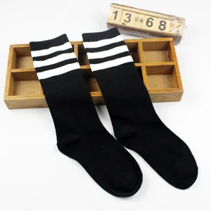 Women classic black knee high socks with three white stripes casual cotton tube socks