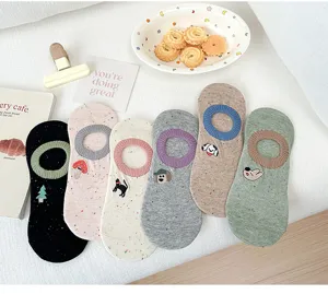 Cute embroidered low cut socks for women, cotton flecked shallow invisible short socks with silicon.