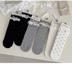 Damen Spitzen Schleife Pünktchen Baumwollsocken süßer Ballett Stil weiße Socken für Alltag