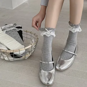Graue Socken mit Spitzen Schleife fur Damen, baumwollene Socken im eleganten Ballett-Stil.