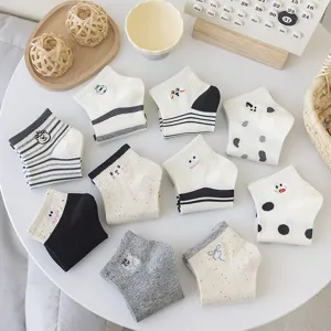 Women short socks cute cartoon embroidery dot yarn breathable cotton summer athletic ankle socks