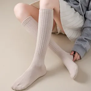 Women solid color ribbed long socks cotton mid tube hosiery comfortable casual daily wear