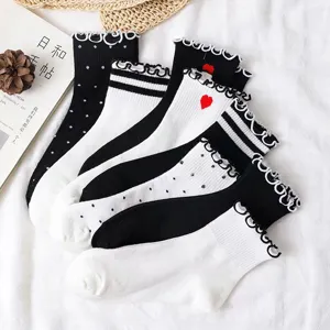 Damen süße rüschen mittelsocken schwarz weiß pünktchen herz baumwolle mode