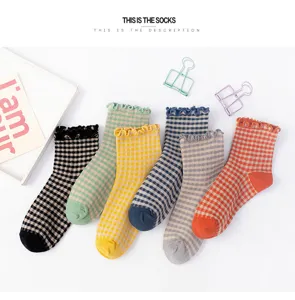 Vintage Karo Rüschen Mittelsocken Damen Baumwolle süße ästhetische Freizeitsocken Set