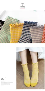 Vintage Karo gerüschte Wadenlange Baumwollsocken für Damen, atmungsaktive dünne Socken.