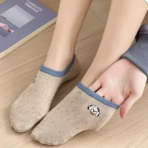 Women Cartoon Embroidery Boat Socks Cotton Dot Yarn Non-Slip Silicone Thin Invisible Short Socks Cute Casual Footwear