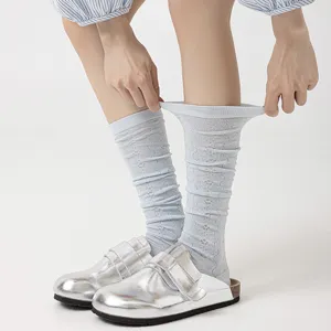 Women light blue mesh calf socks, Japanese ballet style cotton stack socks for spring summer.