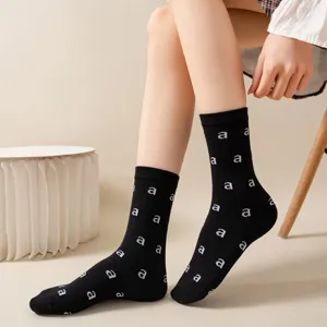 Chaussettes noires pour femmes style japonais avec motif lettre a blanc automne hiver coton mode