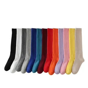 Colorful solid cotton calf socks for women, fashionable candy color long stockings daily wear