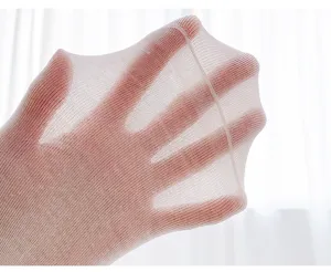 Nahaufnahme der transparenten weißen Sommersocken mit atmungsaktiver elastischer Gewebestruktur.