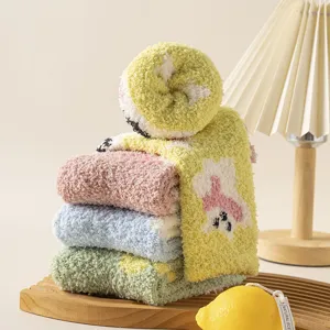Fluffy coral fleece socks, cute cartoon mid-tube winter warm fuzzy socks for women.