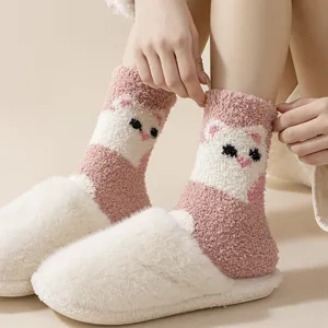 Cute cartoon coral fleece women socks, thick warm winter fuzzy soft sleep floor socks cozy.