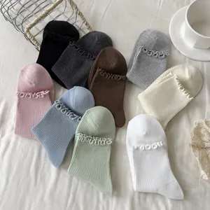 Calcetines de Tubo Corto de Algodón de Doble Aguja con Borde de Lechuga de Color Sólido para Mujer Calcetines Casuales Diarios Dulces