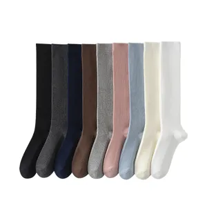 Women's solid color knee high long socks ribbed combed cotton casual daily hosiery