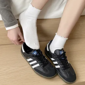 Calcetines cortos con volantes lisos para mujer, cómodos calcetines de algodón acanalados diarios.
