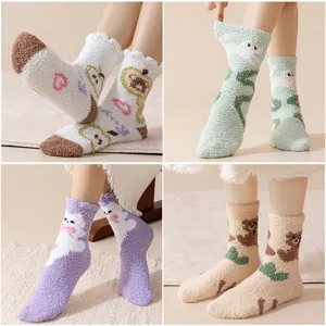 Plush coral fleece sleep socks cute cartoon winter warm fuzzy floor socks for women