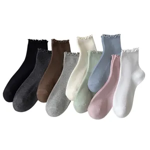 Calcetines cortos de mujer con volantes lisos de algodón estilo caramelo moda principal
