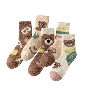 Women winter fuzzy cozy sleep socks cute cartoon bear plush warm floor socks pair