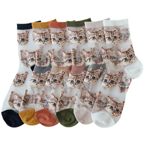 Niedliche Katzen transparente Sommersocken für Damen, dünne Wadenstrümpfe im Set.