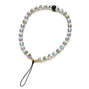 Kleurrijke kristalen kralen telefoonketting met zwart koord voor tassen en sleutels.