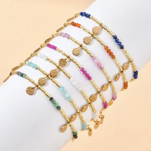 Franse Stijl Natuursteen Armband Voor Dames Handgeweven Roestvrij Staal Gehamerd Hanger Kralen Armband Halfedelsteen Sieraden