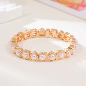 Gold heart pearl stretch bracelet for women fashion cute sweet dainty jewelry gift accessory