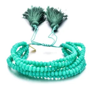 Pulsera de cuentas de cristal turquesa multicapa con borlas verdes joyería tejida ajustable
